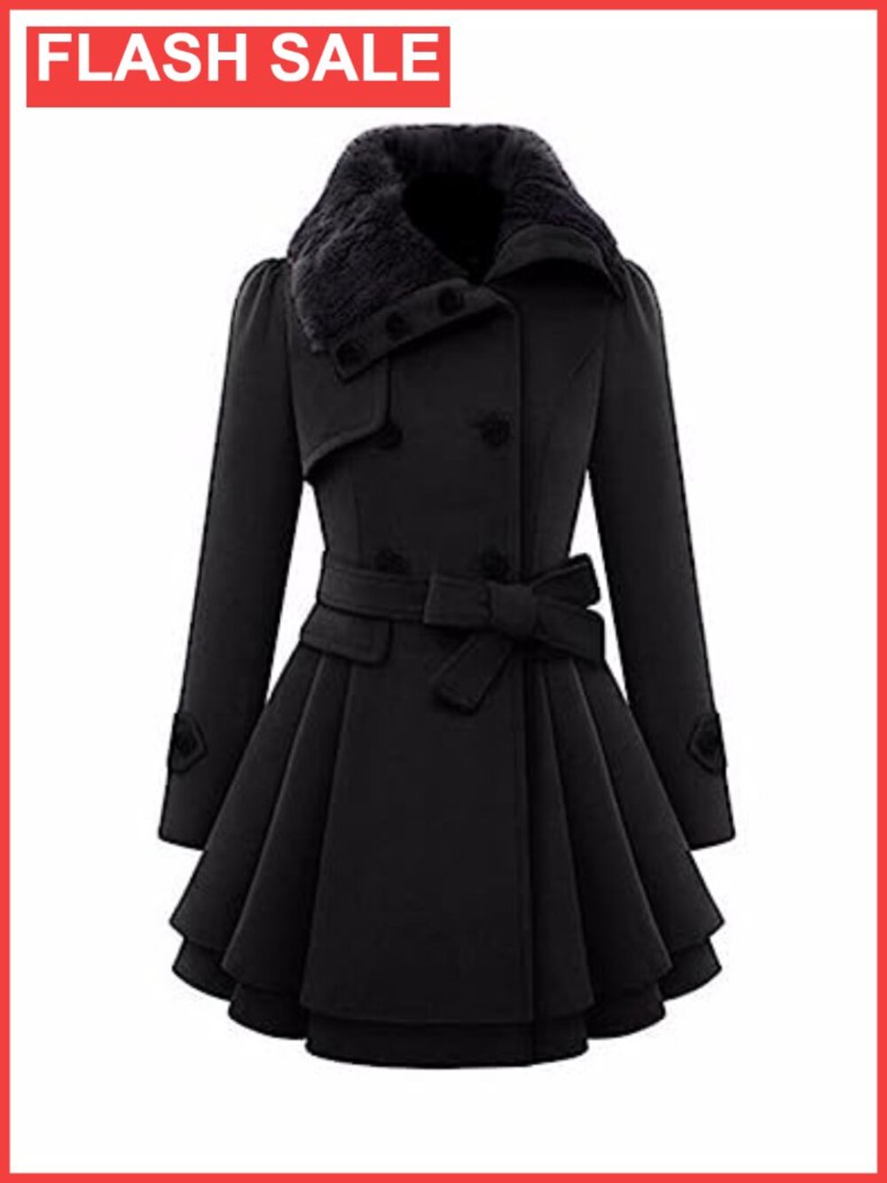 Faux Fur Lapel Double-Breasted Wool Blend Trench Coat A-Line Slim Fit Winter